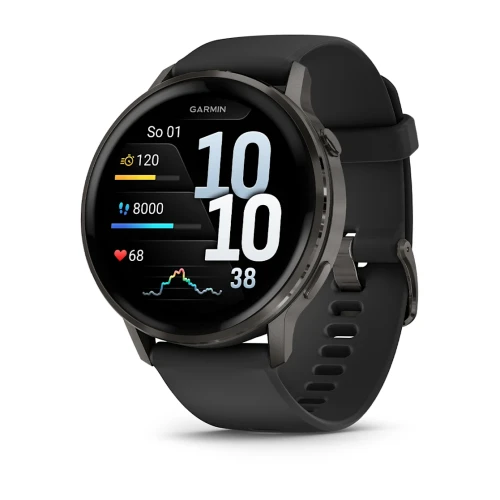 Smartwatch Garmin Venu 4 Czarny z silikonowym paskiem, metalową obudową i latarką.