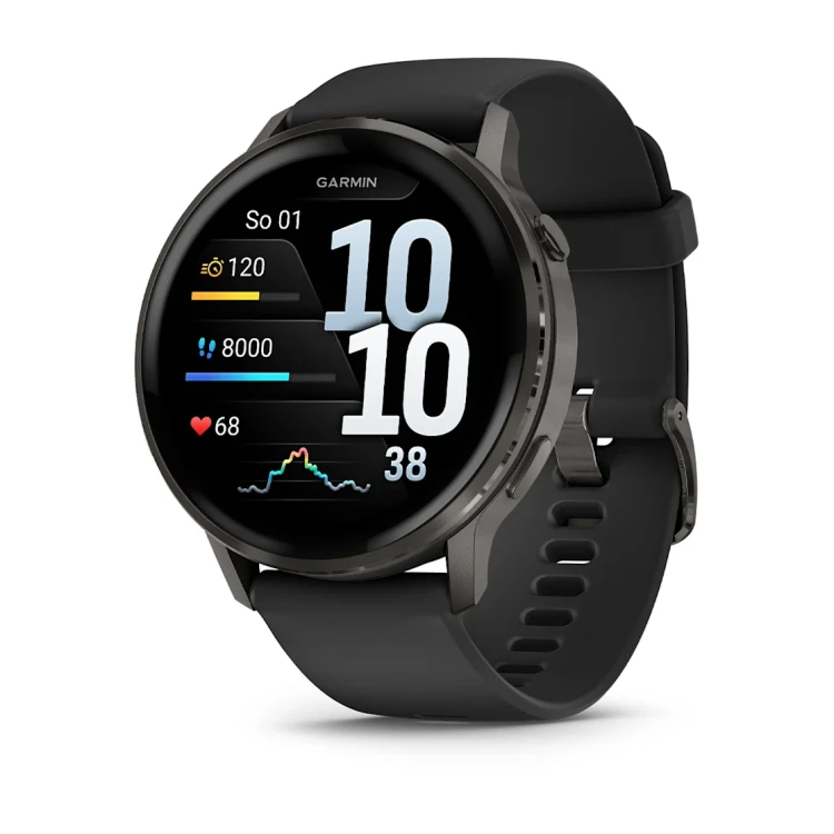 Smartwatch Garmin Venu 4 Czarny z silikonowym paskiem, metalową obudową i latarką.