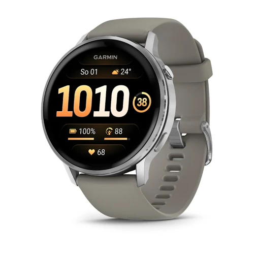 Smartwatch Garmin Venu 4 Srebrny z silikonowym paskiem i metalową obudową.