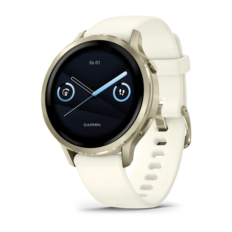 Smartwatch Garmin Venu 4 41 mm Lunar gold z silikonowym paskiem, metalową obudową i latarką LED.