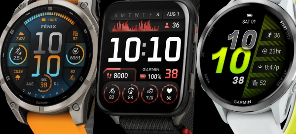 Na obrazku trzy zegarki Fenix 8, Venu X1 i Forerunner 970