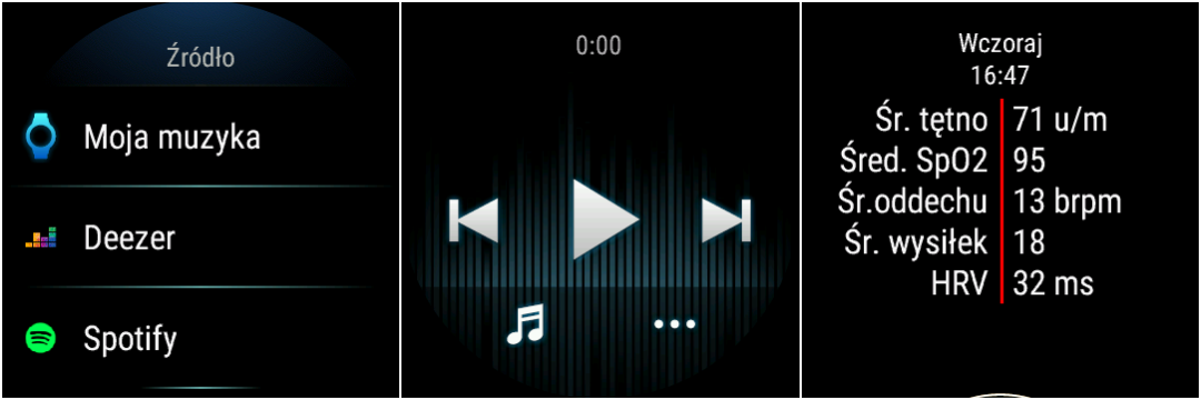 Ekran Garmin Music i raport Health Snapshot