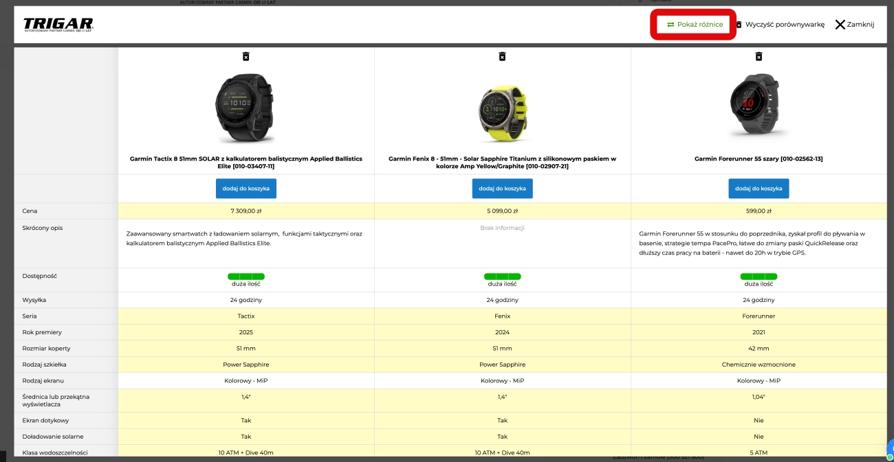 Przykładowe porównanie zegarków Garmin