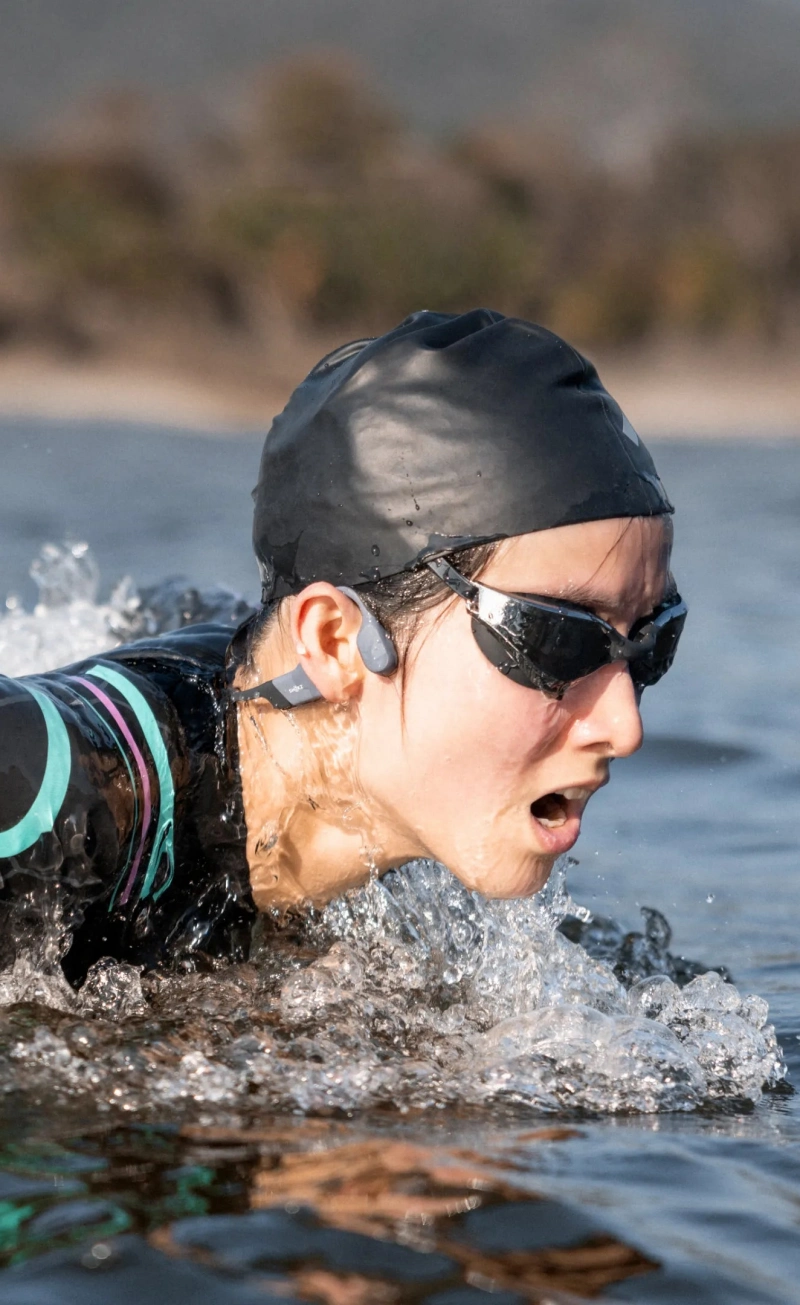 Pływaczka w jeziorze z słuchawkami Shokz Open Swim na głowie nabiera powietrza.
